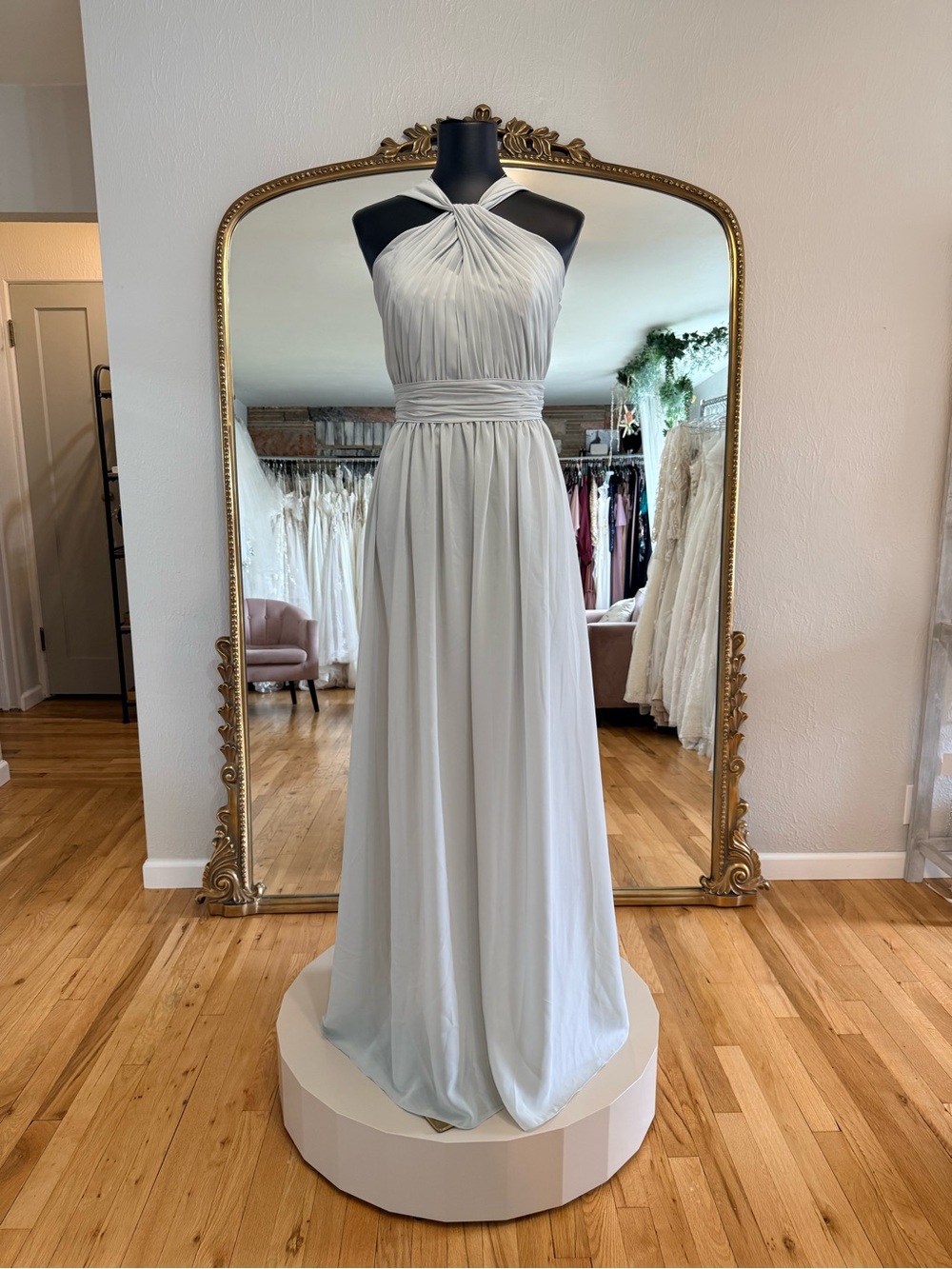 SORELLA VITA Pale Gray Halter Pleated Chiffon Maxi Dress
